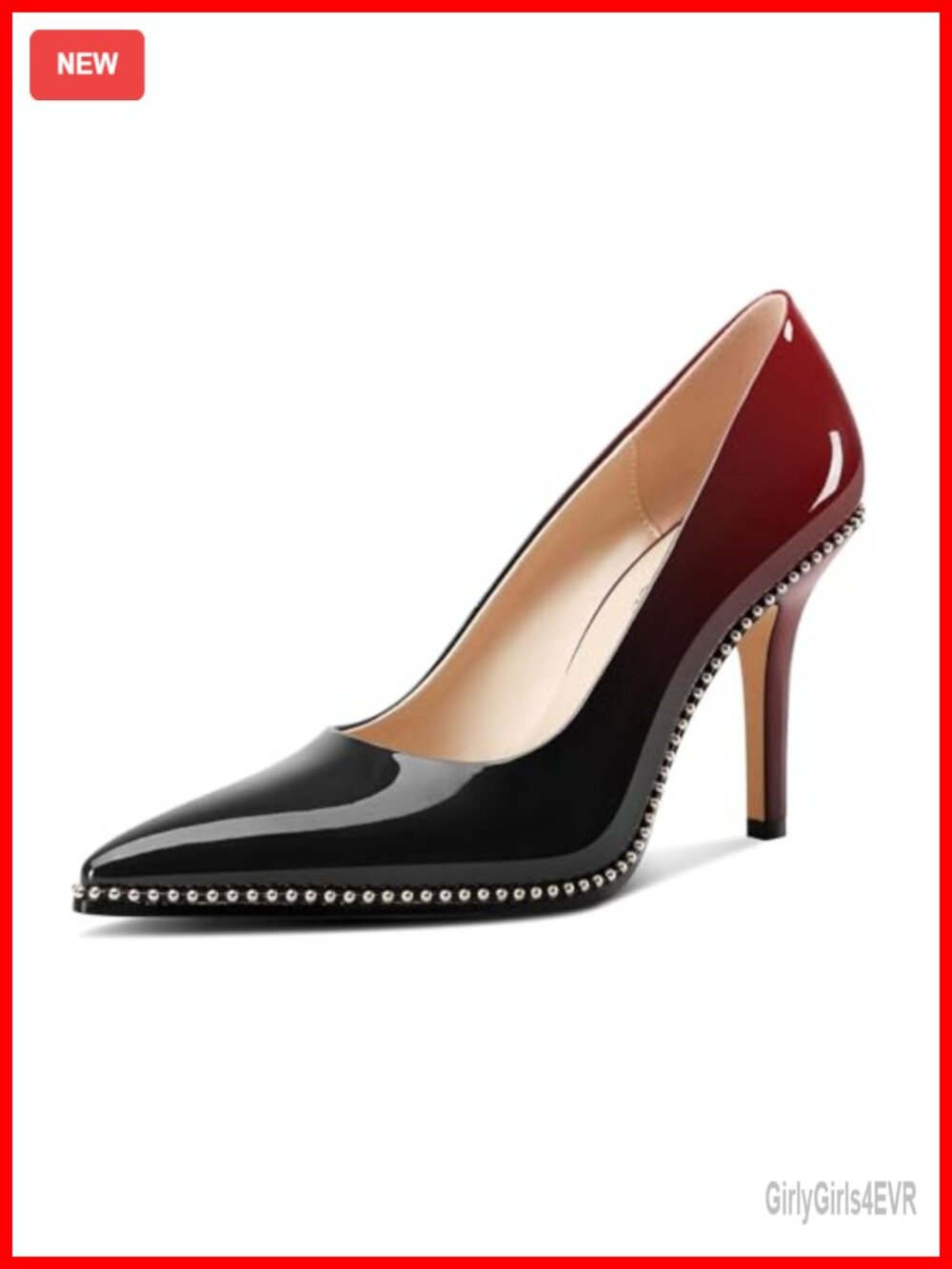 Womens Stiletto Mid Heel Pointed Toe Pumps Slip-On Beaded Prom Wedding Patent